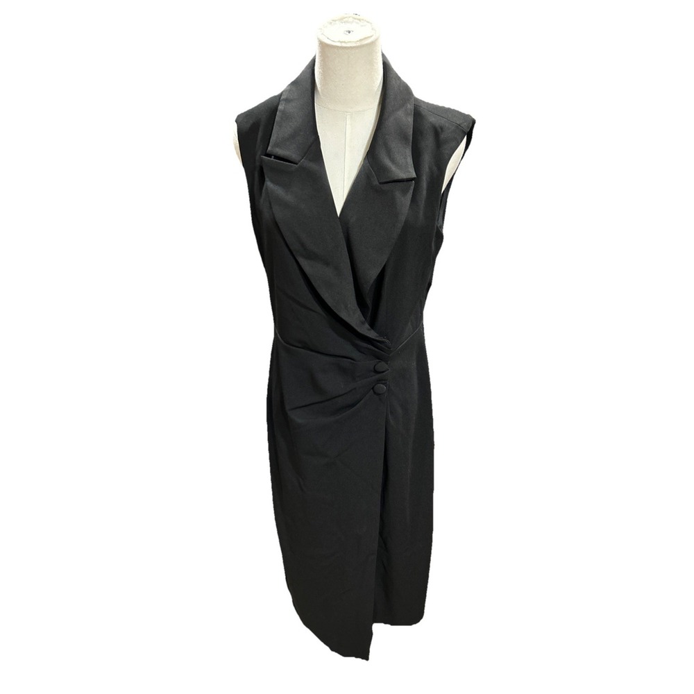 Maggy London Women's Tuxedo Blazer Wrap Dress Size 12 Black Formal Midi Sleeve
